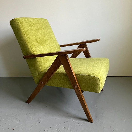 Vintage Mid-Century Modern Armchair: Lime Green Fabric, Beech Wood Frame