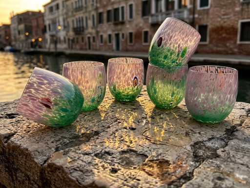 Set van 6 Venetiaanse glazen van geblazen glas met Murano-effect (murrine) in het glas verwerkt, handgemaakt in Italië.