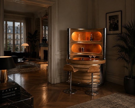 Image 1 of Mobile bar in pelle scamosciata e cromo con sgabelli color cognac, progettato da Willy Rizzo, Italia, anni '70.