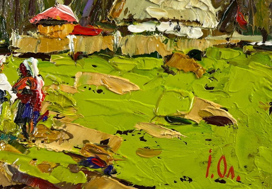Image 1 of Original Oil Painting Evening Village Landscape Neighbors in the summer garden
