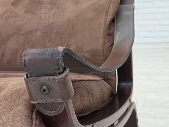 Image 1 of 1970s, Scandinavian lounge chair, nubuck leather, canvas, beech wood.