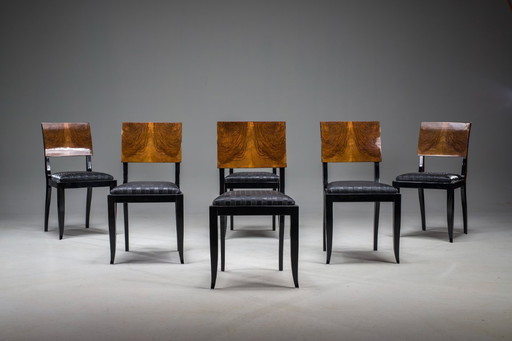 Art Deco French Walnut & Burl Dining Set, 1930s, Set of 7