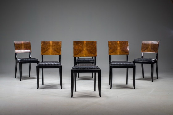Image 1 of Art Deco French Walnut & Burl Dining Set, 1930s, Set of 7