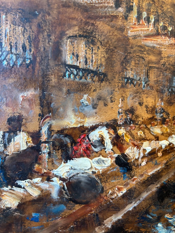 Oil Painting on Cardboard of a Traditional Milanese Scene by Antonio Vettore Cargnel, Early Twentieth Century (photo 7 of 8)
