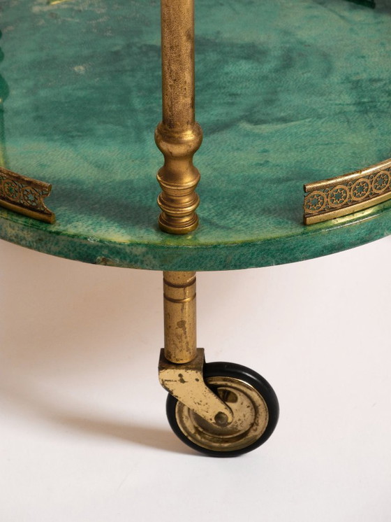 Image 1 of Round, small 1960s Aldo Tura serving or bar trolley in green goatskin leather | Made in Italy