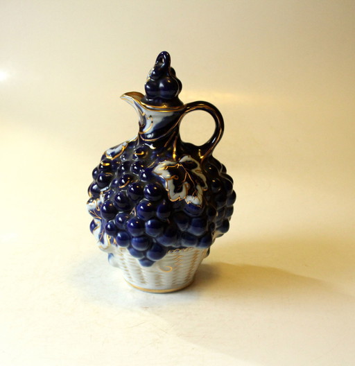 Rara caraffa con decorazione da vino blu cobalto, bianco e oro, ceramica, fatta a mano, vintage