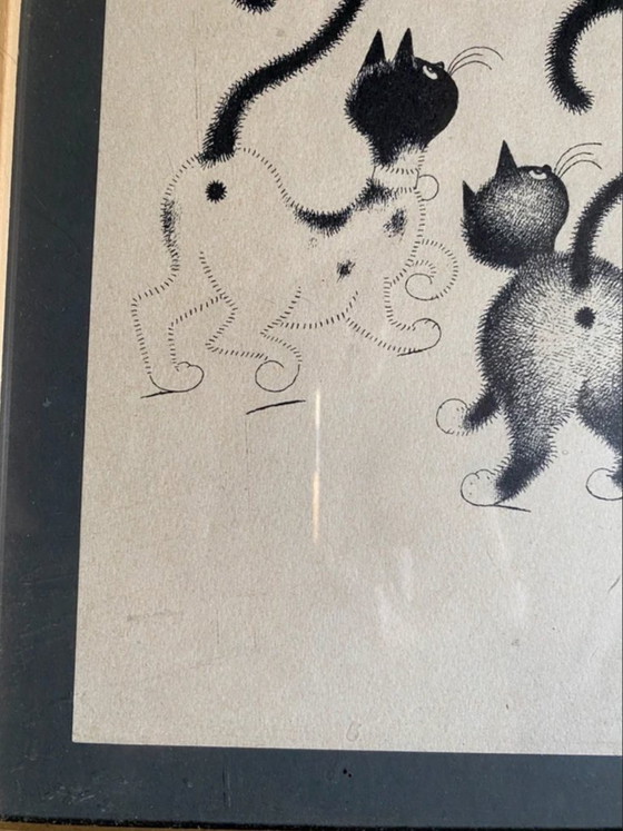 Lithographie "Chat Point d'Interrogation" Albert Dubout 1962. – Lithographies et sérigraphies, Bois, Papier (photo 5 of 12)