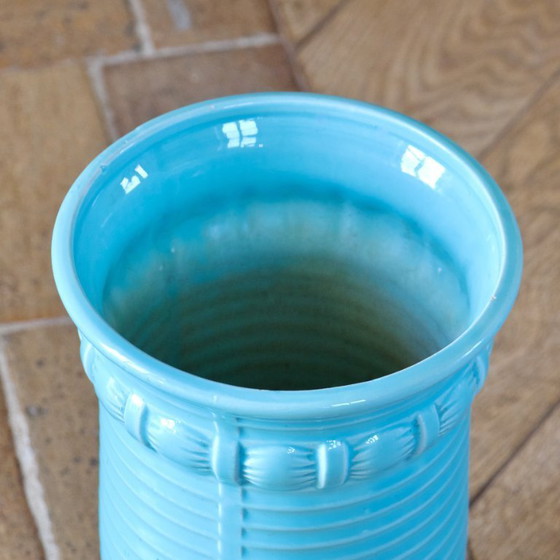 Image 1 of Grand vase ancien Poët Laval Art Deco en céramique émaillée turquoise 