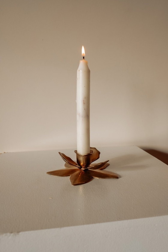 Image 1 of Set of 2 vintage brass flower candlesticks