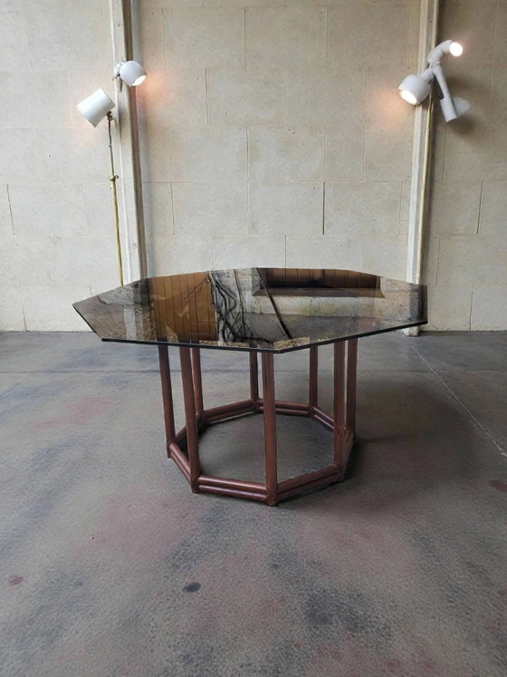 Bamboo-style wooden table with smoked glass top, 1970s – Dining tables (photo 4 of 8)