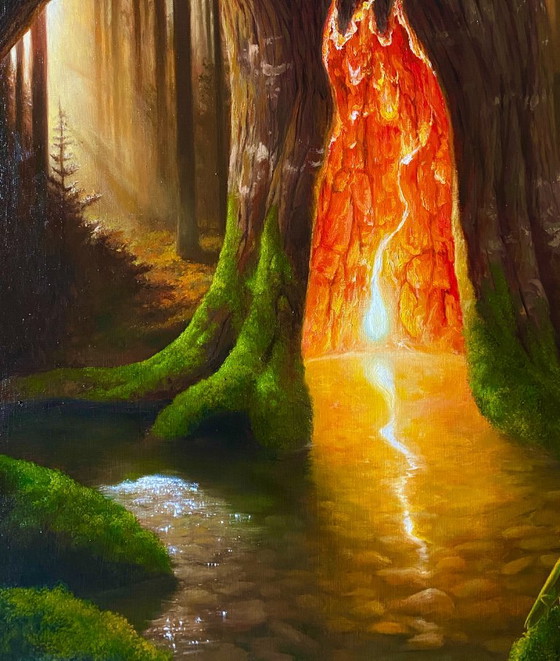 Original Oil Painting Tree Landscape Fantasy The Secret in the Forest – Paintings & Drawings, Canvas (photo 4 of 8)