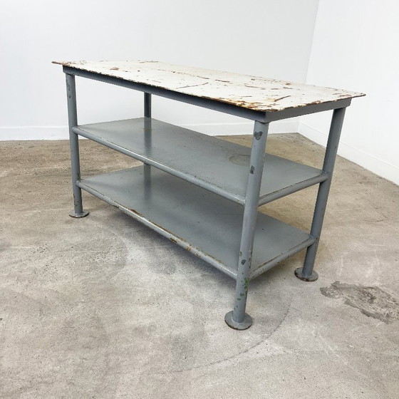 Industrial metal shelving unit, gray and white, Plant table, Grey, Vintage (photo 5 of 9)