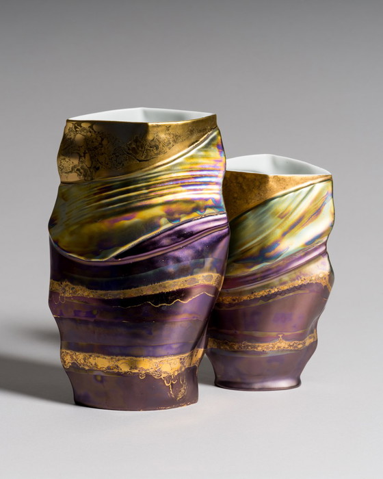Image 1 of Porcelain Vase Duo by Johan van Loon × Helmut Drexler for Rosenthal Studio Linie Hand-painted Eosin-glazed 