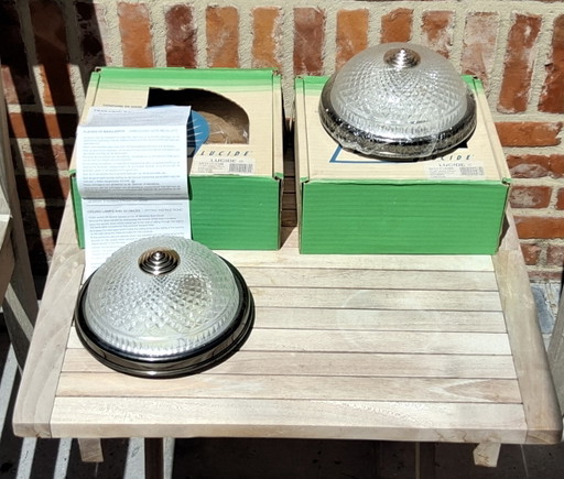 2 ceiling lights in Hollywood Regency style, crystal glass shade and brass base