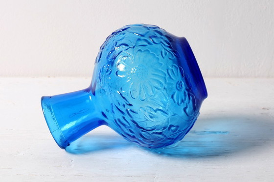 Image 1 of Vintage Small Blue Pressed Glass Vase with Flowers Pattern / Mid-century Home Decor / Italy / 1960s