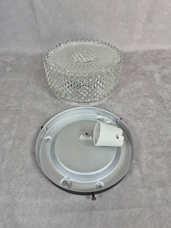 Image 1 of Vintage Mid-Century Pressed Glass Flush Mount Ceiling Light E27 19.5cm Retro Lamp