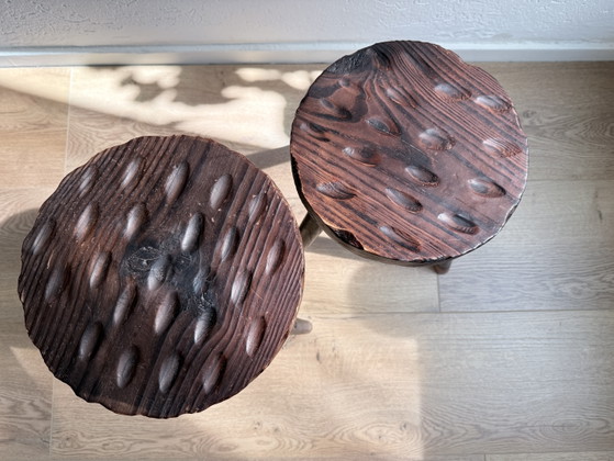 Image 1 of Set of 2 Vintage Brutalist Three-legged Stools / Tabourets – 1950s/1960s
