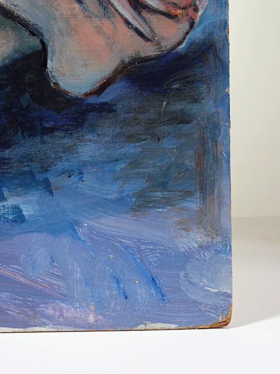 Image 1 of Large painting of a nude woman from behind, modern oil on panel, vintage style