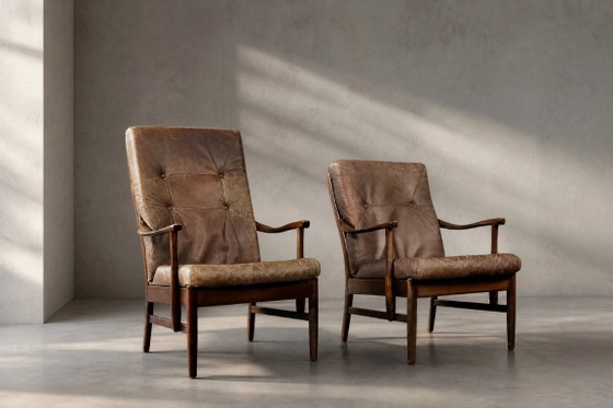 Image 1 of Dänischer Mid-Century Hochsessel aus moderner Buche und braunem Leder von Farstrup Møbler, 1970er Jahre