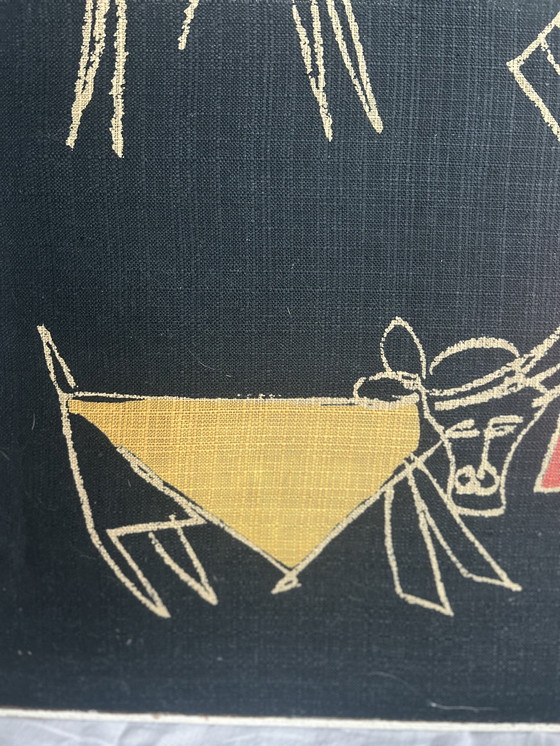 Image 1 of Wandkleed in houten lijst,  vintage, uniek, textielkunstwerk primitieve gestileerde figuren ruiter stief matador boorduurwerk 