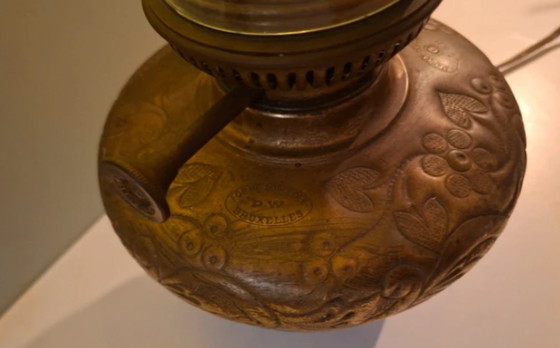 Image 1 of Antike belgische Messinglampe L&B Lampe Belge | Jugendstil-Öllampe elektrisch | Jahrgang