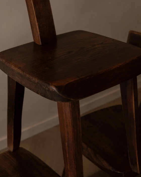 Image 1 of Set of 3 Vintage “T” Dining Chairs by Aranjou, France (c.1960s) – Stained Elm, Brutalist Sculptural