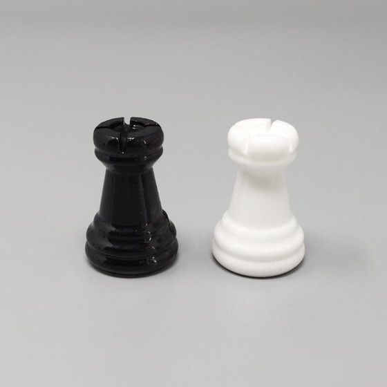 Image 1 of 1970s Gorgeous Black and White Chess Set in Volterra Alabaster Handmade Made in Italy