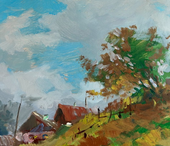 Image 1 of Original Oil Painting Summer Coastal Landscape The river carries village dreams