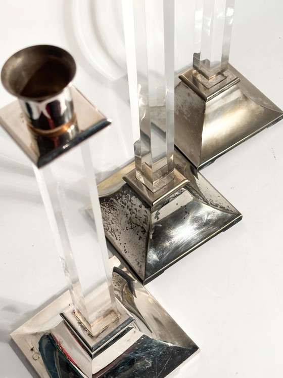 Set of 3 1970s Plexiglass and Silver-Plated Metal Candle Holders – Decorative Objects (photo 10 of 12)