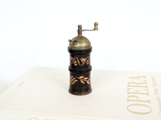 Image 1 of Vintage Folk Art Carved Wooden Pepper Mill Brass Hand Crank Mediterranean Rustic