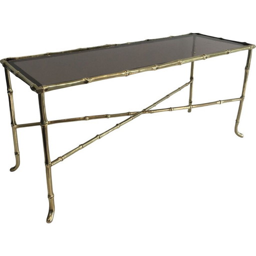Mesa de centro vintage de bronce y cristal ahumado, Francia, 1940
