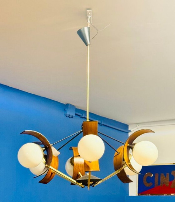 Rare Space Age / Mid-Century Chandelier, by Stilnovo Milano, Metal, Wood, White (photo 6 of 6)