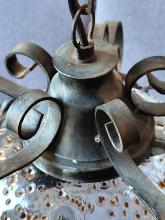 Image 1 of 1960s/70s Brutalist Pendant Lamp – Honsel Lighting – Wrought Iron & Frosted Glass