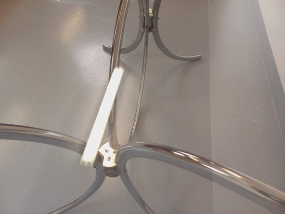 Image 1 of Table à manger rectangulaire arrondie vintage en verre fumé et métal chromé style Space Age des années 70