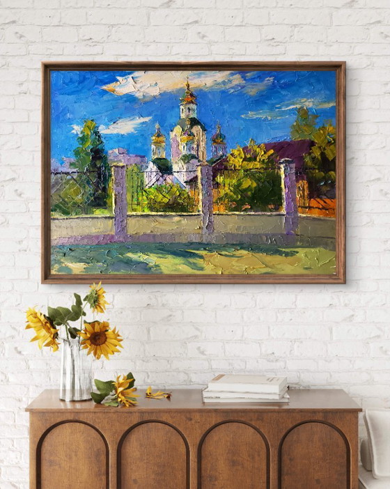 Image 1 of Origineel olieverfschilderij: Stadsgezicht, Tempel, Zonnige Dag van de Kerk