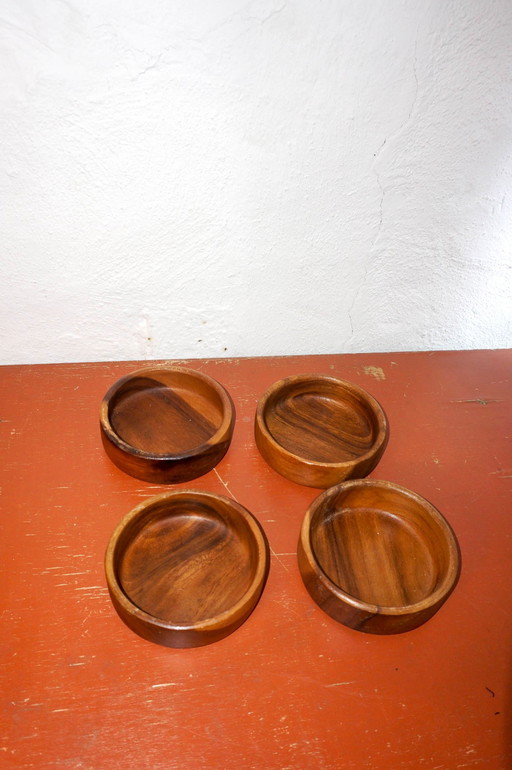 vintage teak snack bowls * set of 4 * mid-century wooden dishes * stacking * scandinavian modernist style * natural kitchen deco
