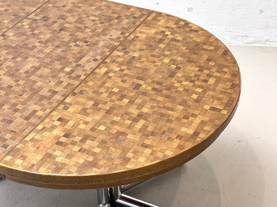 Dieter Wäckerlin Extendable Table – Wood Mosaic & Chrome, Switzerland, 1960s – Dining tables, Vintage (photo 8 of 13)