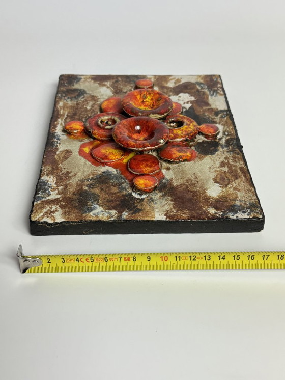 Image 1 of Mid-Century Design Ruscha Wall Tile Handpainted with High gloss orange tones combined with Matte Earth tones enamel. Germany,60s