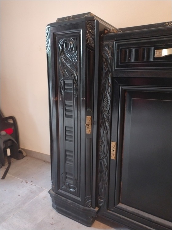 Image 1 of Art Deco Buffet met gedetailleerd inlegwerk en marmeren blad