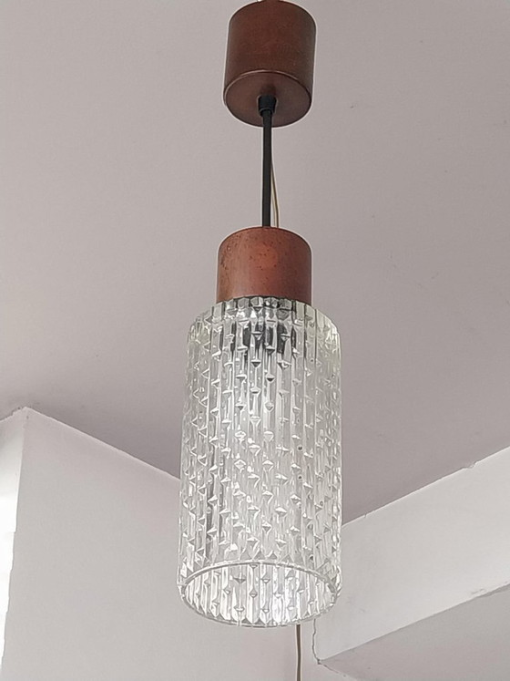 Vintage 70s pendant lamp with embossed glass and copper, Transparent (photo 3 of 9)