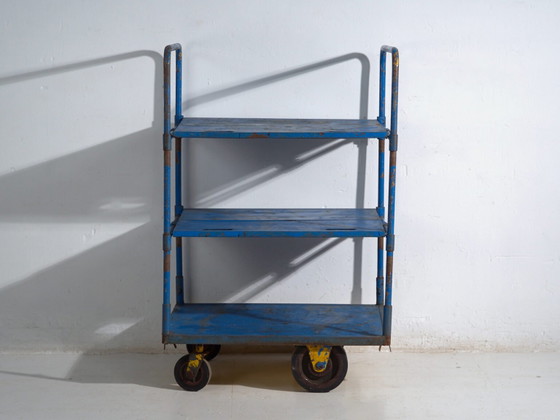 Industrial blue metal cart – Factory trolley Europe – circa 1950 #1 – Bar carts, Iron, Industrieel (photo 35 of 35)