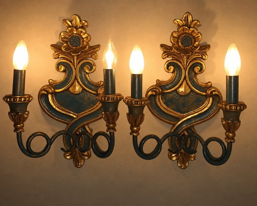 Pair of Vintage Italian Florentine Wall Sconces Gold & Turquoise Wooden 2-Light Hollywood Regency