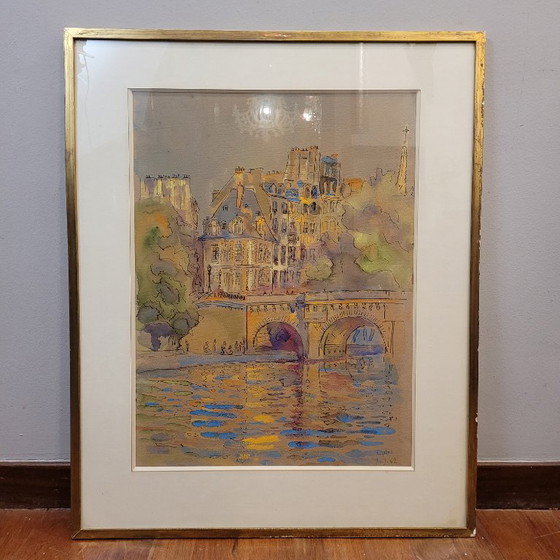 Image 1 of Aquarelle sur papier « Pont Marie, Paris », post-impressionnisme, signée Gilis, 1962 - France