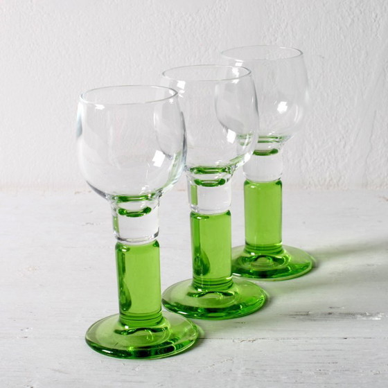 Image 1 of Set of 3 Vintage Limoncino Liquor Glasses / Green Stem Shot Stemware / Bormioli Rocco / Italy / 1970s