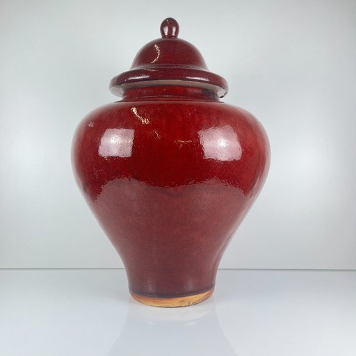 Grande vaso giapponese vintage con coperchio – ceramica smaltata rosso bordeaux – marchio di fabbrica – 49 cm