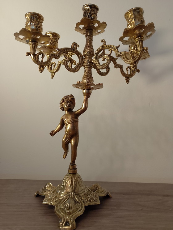 Image 1 of Candélabres baroque en laiton massif style baroque Louis xv chérubin putti 