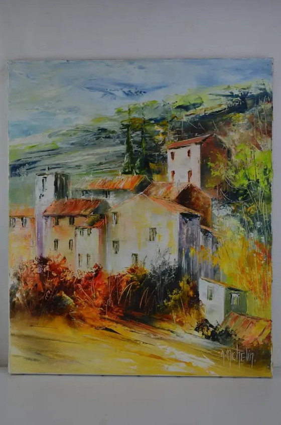 Ölgemälde von Agnes Michelin im impressionistischen Stil, spätes 20. Jahrhundert, "Dorf in Burgund, bei (photo 2 of 11)
