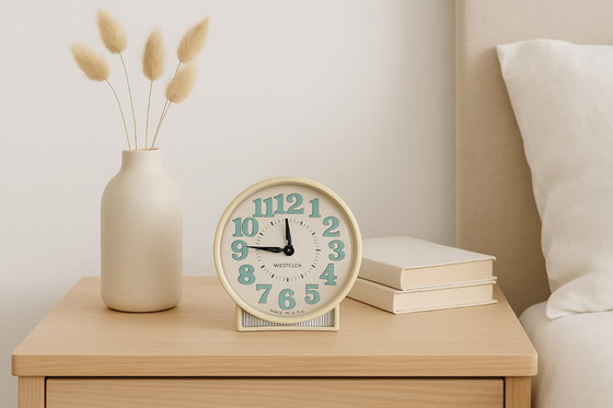 Image 1 of Vintage 1970s Westclox Alarm Clock | Cream and Turquoise, Made in USA
