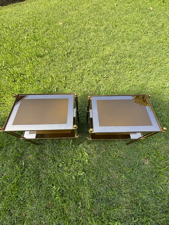 Pair of Italian Brass & Smoked Glass Bedside Tables with Drawers – 1970s – Comodini, Wood (photo 6 of 15)