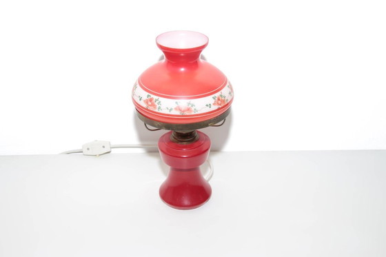 Image 1 of Petroleum lamp, red glass shade, opal glass, GDR 1970s nostalgia